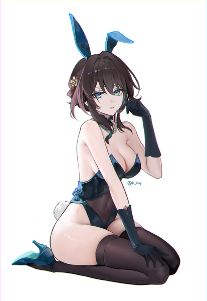 Anime picture 1750x2540 with honkai: star rail honkai (series) ruan mei (honkai: star rail) rity single tall image looking at viewer fringe highres short hair breasts blue eyes light erotic simple background hair between eyes brown hair large breasts white background sitting bare shoulders