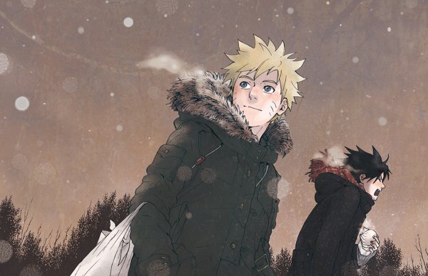 Anime picture 1200x776 with naruto studio pierrot naruto (series) uzumaki naruto uchiha sasuke terragin blush short hair open mouth black hair blonde hair smile holding looking away cloud (clouds) eyes closed looking back multiple boys alternate costume fur trim