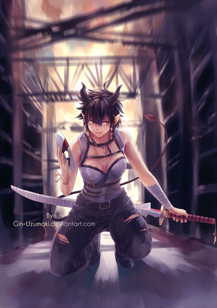 Anime picture 800x1131 with original gin-uzumaki single tall image looking at viewer short hair black hair smile holding signed yellow eyes looking away full body tail horn (horns) pointy ears blurry kneeling torn clothes demon girl