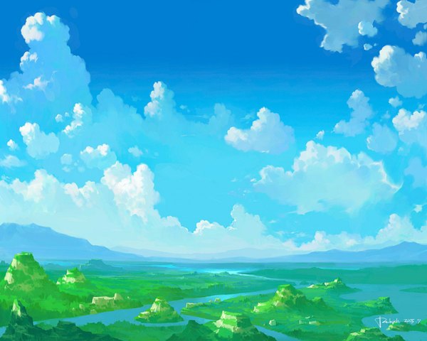 Anime picture 1280x1024 with original paperblue sky cloud (clouds) wallpaper mountain landscape river panorama tree (trees) forest