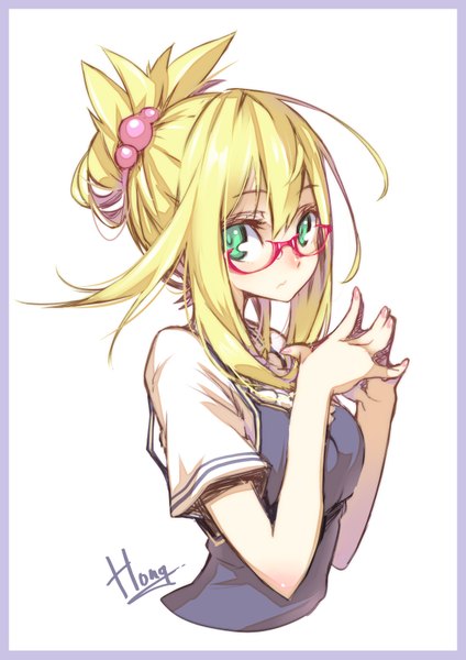 Anime picture 2412x3413 with original hong (white spider) single long hair tall image looking at viewer highres blonde hair green eyes signed ponytail sketch fingers together girl dress shirt glasses