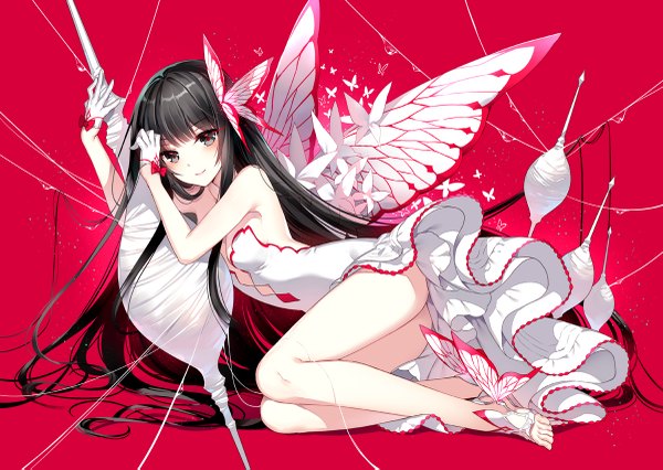 Anime picture 1200x853 with original nardack single looking at viewer light erotic black hair simple background smile bare shoulders very long hair bare legs grey eyes pink background eyeshadow insect wings butterfly wings girl dress gloves hair ornament