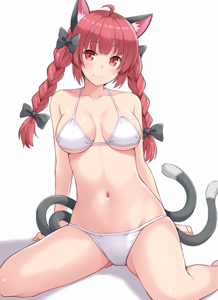 Anime picture 600x825 with touhou kaenbyou rin hasu (hk works) single long hair tall image looking at viewer fringe breasts light erotic simple background red eyes large breasts white background sitting animal ears ahoge red hair tail braid (braids)