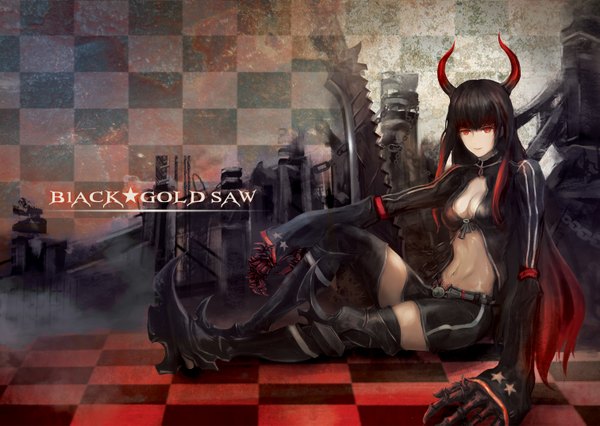 Anime picture 3024x2150 with black rock shooter black gold saw bsl single long hair highres black hair red eyes sitting absurdres red hair multicolored hair horn (horns) inscription two-tone hair checkered floor checkered background girl navel weapon