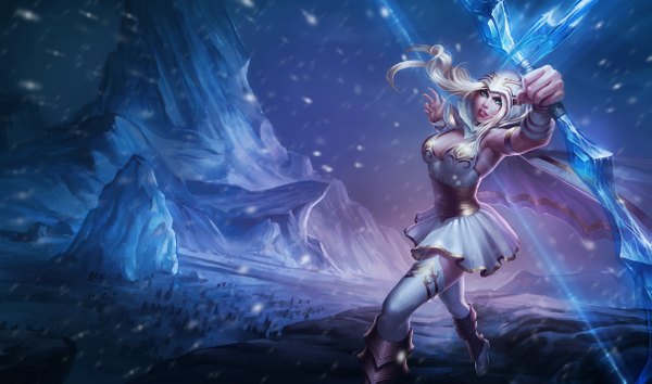 Anime picture 1215x717 with league of legends ashe (league of legends) single long hair wide image green eyes looking away white hair wind snowing winter blue background snow shot girl dress bow weapon white dress hood