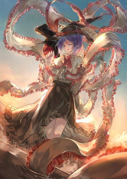 Anime picture 919x1300 with touhou nagae iku reiuji utsuho (bird) vima tall image short hair purple hair eyes closed sunlight girl skirt hat animal water frills bird (birds) blouse hat ribbon shawl