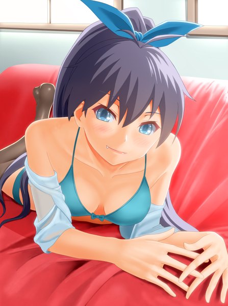 Anime picture 1344x1803 with idolmaster ganaha hibiki taka (takahirokun) single long hair tall image looking at viewer blush breasts blue eyes bare shoulders ponytail lying teeth fang (fangs) no shoes on stomach girl thighhighs ribbon (ribbons)