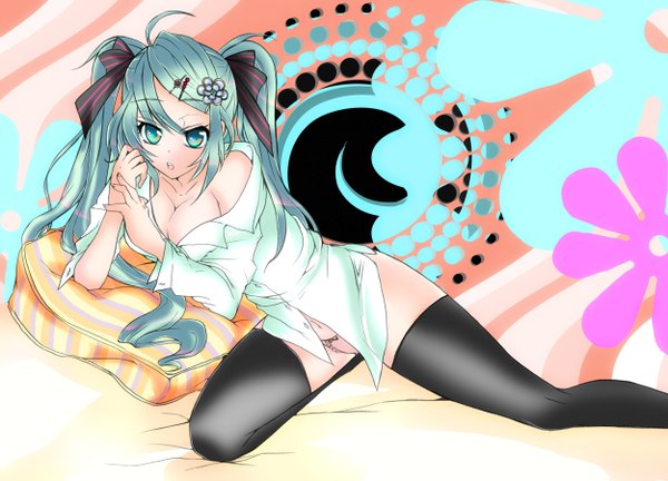Anime picture 1250x900 with vocaloid hatsune miku light erotic cleavage girl thighhighs underwear panties