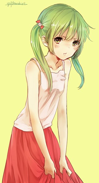 Anime picture 543x1000 with vocaloid hatsune miku yuji kazakiri single long hair tall image looking at viewer blush simple background twintails green eyes signed green hair yellow background girl skirt