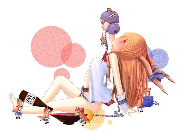 Anime picture 1100x800 with touhou ibuki suika ichinen konto long hair eyes closed horn (horns) orange hair chibi girl bottle alcohol doll (dolls) shackles sake handcuffs sakazuki gourd