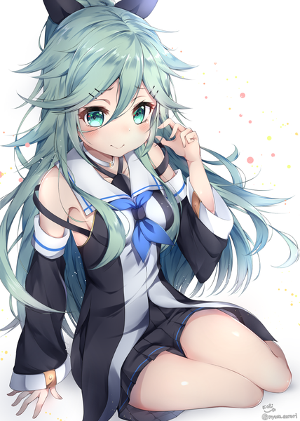 Anime picture 1042x1461 with kantai collection yamakaze (kantai collection) nyum single long hair tall image looking at viewer blush fringe breasts simple background smile hair between eyes white background sitting bare shoulders green eyes signed full body bent knee (knees)