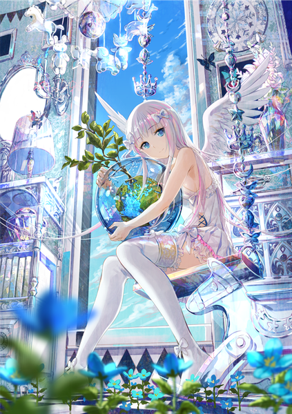 Anime picture 572x810 with original fuzichoco single tall image looking at viewer blue eyes cloud (clouds) white hair girl thighhighs dress flower (flowers) bow plant (plants) hair bow white thighhighs wings