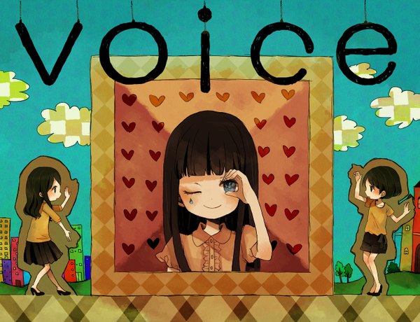 Anime picture 1347x1034 with perfume (group) ayano omoto (nocchi) yuka kashino (kashiyuka) ayaka ishiwaki (a-chan) yumi (tuzisaka) long hair blue eyes brown hair multiple girls tears group girl skirt heart building (buildings) 3 girls child (children) picture frame