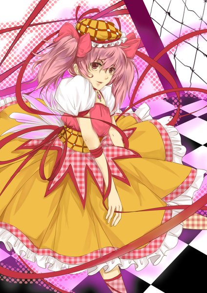 Anime picture 2480x3507 with mahou shoujo madoka magica shaft (studio) kaname madoka hongmao single tall image looking at viewer highres short hair twintails pink hair pink eyes alternate costume short twintails checkered floor plaid girl dress ribbon (ribbons) bow