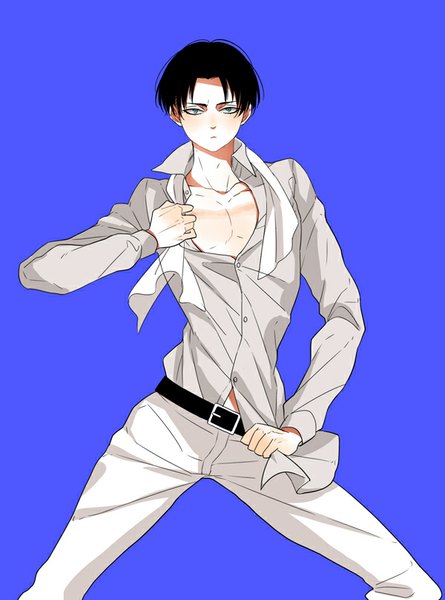 Anime picture 600x808 with shingeki no kyojin production i.g levi (rivaille) eyokiki single tall image looking at viewer blush short hair black hair simple background undressing partially open clothes purple background boy shirt belt white shirt neckerchief