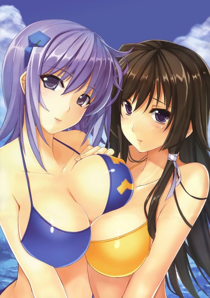Anime picture 2970x4200 with muvluv total eclipse takamura yui cryska barchenowa long hair tall image highres short hair breasts light erotic black hair large breasts purple eyes bare shoulders multiple girls cleavage purple hair light smile hammer and sickle girl 2 girls