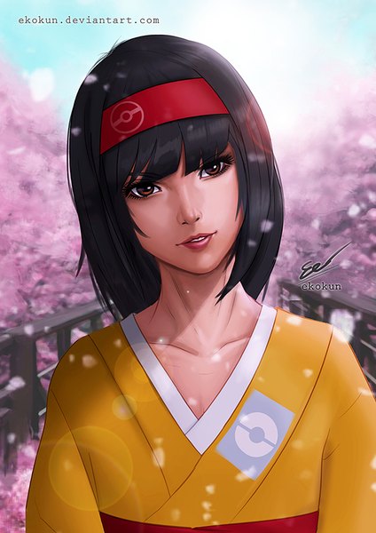 Anime picture 600x849 with pokemon nintendo erika (pokemon) ekokun single long hair tall image looking at viewer black hair brown eyes signed sky blunt bangs traditional clothes parted lips head tilt japanese clothes lips realistic lipstick