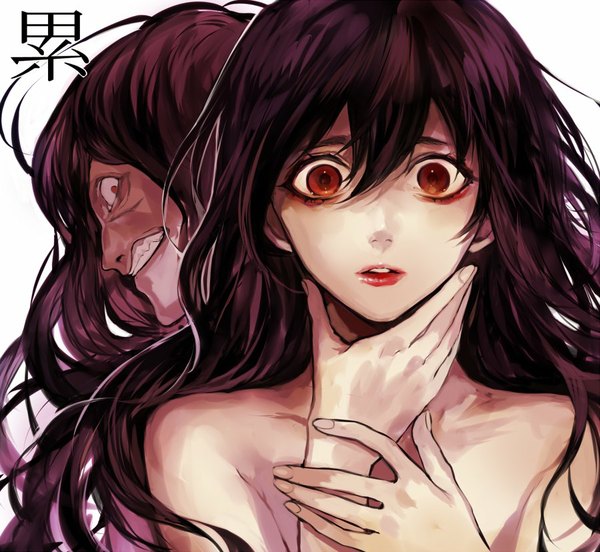 Anime picture 900x829 with original tcb (pixiv) long hair looking at viewer fringe bare shoulders brown eyes purple hair parted lips looking back fingernails lips clenched teeth crazy old woman girl