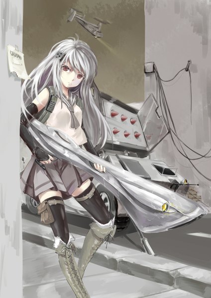 Anime picture 2480x3507 with original mixke single long hair tall image looking at viewer highres brown eyes silver hair girl thighhighs skirt weapon black thighhighs detached sleeves boots