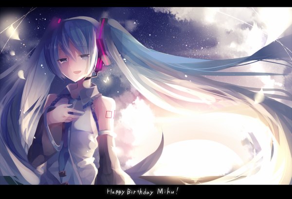 Anime picture 1315x900 with vocaloid hatsune miku filiananna single blush open mouth twintails bare shoulders sky cloud (clouds) very long hair aqua eyes aqua hair hand on chest letterboxed happy birthday weightlessness girl hair ornament detached sleeves