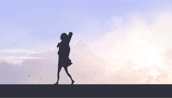 Anime picture 1249x718 with original murasaki hisato mura single wide image sky cloud (clouds) wind walking silhouette girl skirt