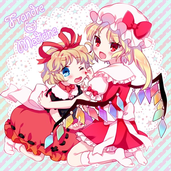 Anime picture 1024x1024 with touhou flandre scarlet medicine melancholy amo blush short hair open mouth blue eyes blonde hair red eyes sitting multiple girls signed nail polish teeth fang (fangs) no shoes character names one side up red nail polish
