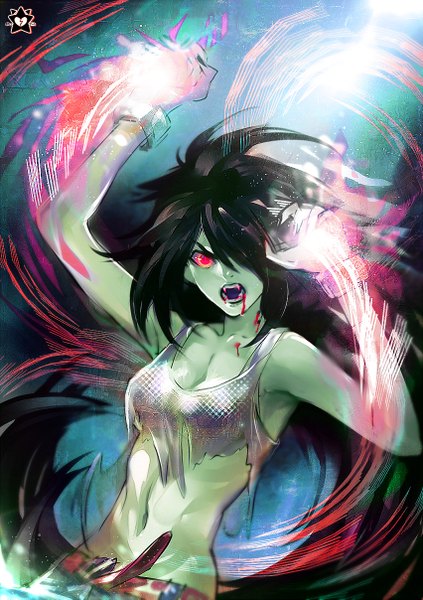 Anime picture 852x1207 with adventure time marceline (adventure time) e-x-p-i-e single tall image looking at viewer fringe open mouth black hair red eyes very long hair hair over one eye teeth fang (fangs) torn clothes magic glow angry frown green skin