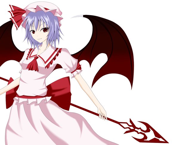 Anime picture 1350x1095 with touhou remilia scarlet gmot short hair simple background red eyes white background blue hair demon wings girl dress weapon wings bonnet cap spear the gungnir