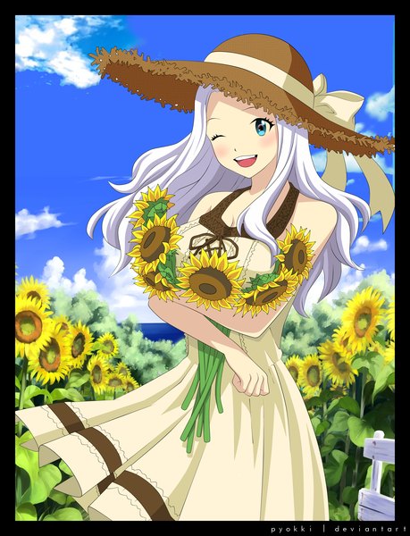 Anime picture 4051x5300 with fairy tail mirajane strauss pyokkii single long hair tall image blush highres open mouth blue eyes smile absurdres sky cloud (clouds) white hair one eye closed wink coloring girl dress