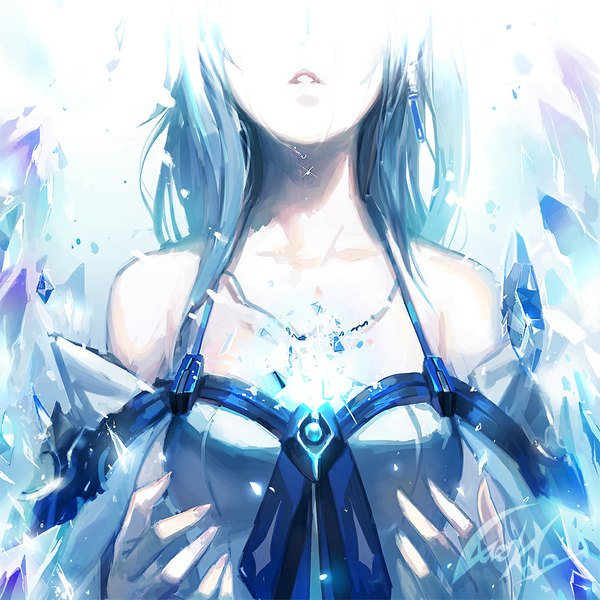 Anime picture 1000x1000 with recovered memory icy (character) luen kulo single long hair breasts bare shoulders signed parted lips fingernails lips outstretched arm light girl earrings crystal teardrop