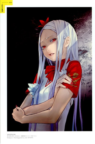 Anime picture 2319x3500 with pixiv ignition (artbook) sagesumi (character) redjuice single long hair tall image looking at viewer highres red eyes blue hair white hair nail polish scan teeth short sleeves looking down albino girl flower (flowers)
