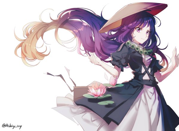 Anime picture 2048x1502 with touhou hijiri byakuren aibivy single highres simple background white background purple eyes signed looking away purple hair very long hair wind twitter username spread arms girl dress flower (flowers) hat beads