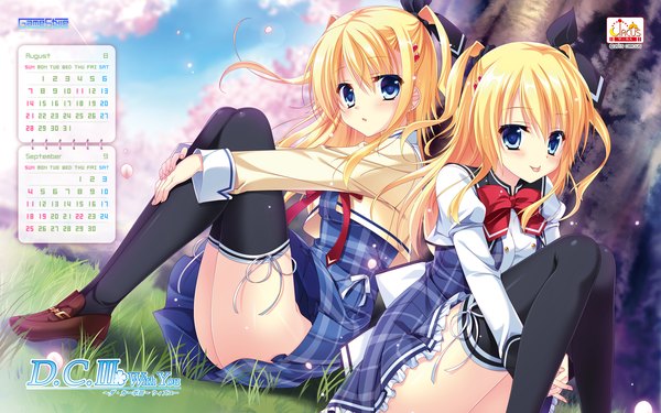 イラスト 1920x1200 と da capo iii 森園立夏 たにはらなつき 長髪 赤面 highres 青い目 light erotic 金髪 笑顔 multiple girls calendar 2016 女の子 ストッキング スカート 制服 ちょう結び 黒ストッキング 2人女子 ヘア蝶結び