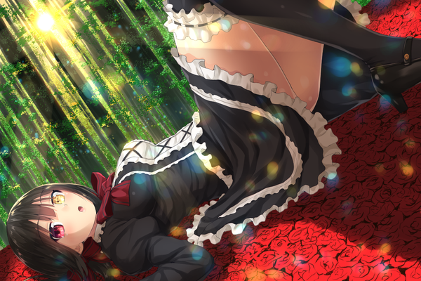 Anime picture 1200x800 with date a live tokisaki kurumi oekakizuki single long hair open mouth black hair lying heterochromia girl thighhighs dress flower (flowers) black thighhighs plant (plants) tree (trees) frills black dress rose (roses) red rose