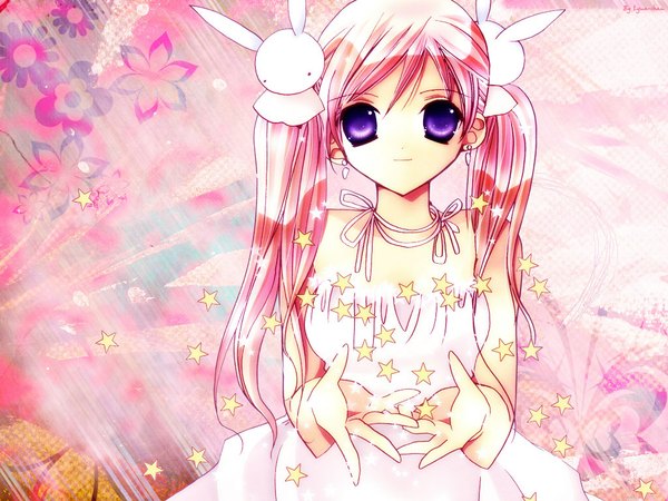 Anime picture 1024x768 with pita ten misha (pita ten) koge donbo blue eyes twintails bare shoulders pink hair dress