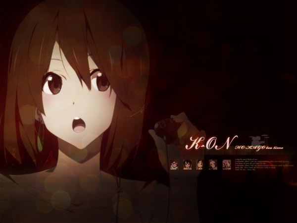 Anime picture 1600x1200 with k-on! kyoto animation hirasawa yui single open mouth brown hair brown eyes black background face girl earrings headphones