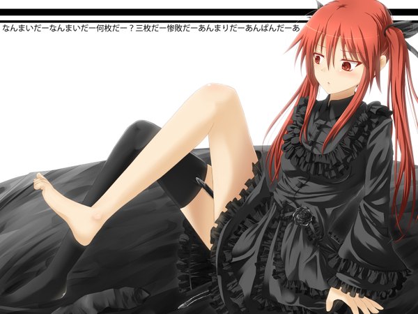 Anime picture 3200x2400 with original inudzuka ringo long hair blush highres red eyes sitting twintails looking away absurdres red hair legs girl thighhighs dress black thighhighs black dress