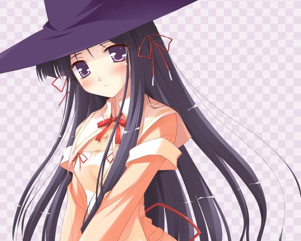 Anime picture 2560x2048 with happiness takamine koyuki single long hair looking at viewer blush highres black hair purple eyes checkered background girl uniform ribbon (ribbons) hair ribbon school uniform witch hat