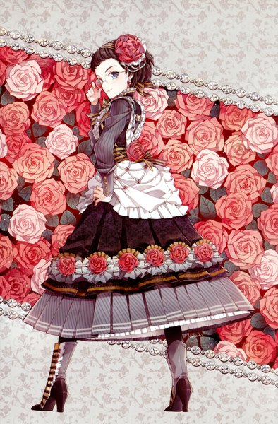 Anime picture 2294x3492 with original nardack single tall image highres short hair blue eyes smile brown hair looking back hair flower girl dress hair ornament flower (flowers) ribbon (ribbons) glasses rose (roses) jewelry