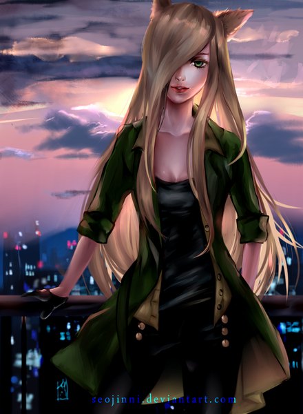 Anime picture 660x900 with seo-jin single long hair tall image looking at viewer fringe blonde hair smile standing green eyes animal ears sky cloud (clouds) sunlight cat ears hair over one eye open clothes open jacket cat girl lipstick