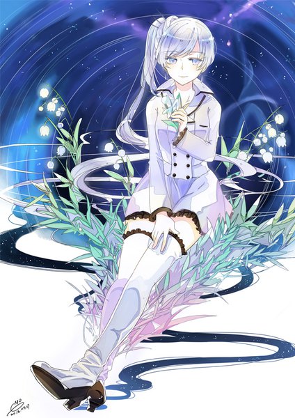 Anime picture 620x877 with rwby rooster teeth weiss schnee ricemo single long hair tall image looking at viewer fringe blue eyes sitting holding signed silver hair long sleeves very long hair light smile high heels zettai ryouiki side ponytail