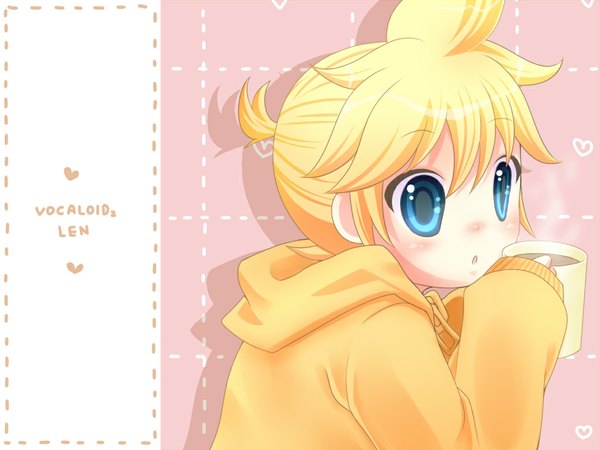 Anime picture 1024x768 with vocaloid kagamine len short hair blue eyes blonde hair wallpaper pink background boy hood cup