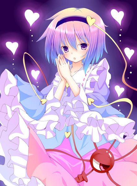 Anime picture 2507x3404 with touhou komeiji satori choko (mixberry parfait) single tall image looking at viewer blush highres short hair open mouth purple eyes purple hair eyes girl dress frills heart hairband