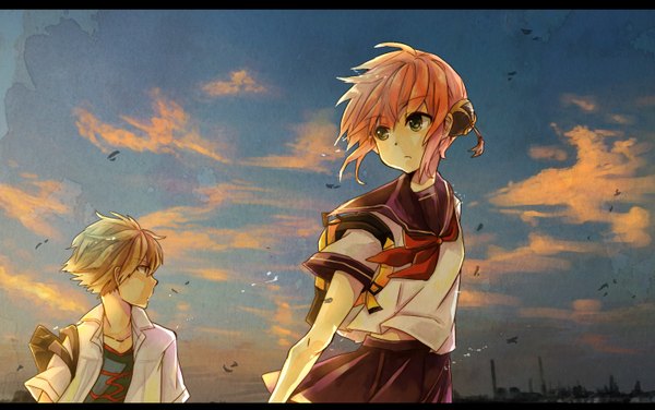 Anime picture 1488x933 with gintama sunrise (studio) kagura (gintama) okita sougo harubho short hair blonde hair green eyes pink hair sky cloud (clouds) profile wind open clothes hair bun (hair buns) open shirt girl boy uniform school uniform