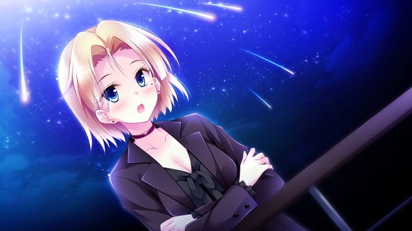 Anime picture 1920x1080 with golden marriage ensemble (studio) elvira riefenstahl single blush highres short hair open mouth blue eyes blonde hair wide image game cg night fireworks girl
