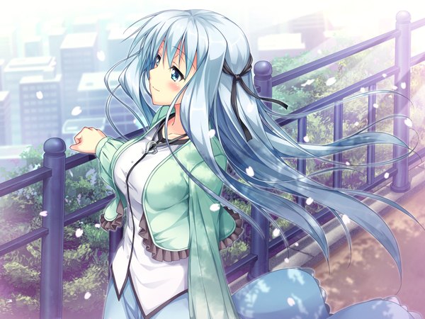 Anime picture 1024x768 with erect! lunastia astyr piromizu long hair blush blue eyes game cg white hair girl dress ribbon (ribbons) hair ribbon petals