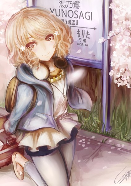 Anime picture 2480x3507 with hanasaku iroha p.a. works matsumae ohana evan yang single tall image highres short hair blonde hair smile brown eyes cherry blossoms girl petals jacket headphones