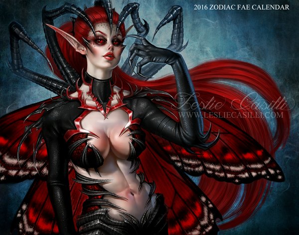 Anime picture 1100x864 with calendar project (enchantress-lele) scorpio (calendar project) enchantress-lele single looking at viewer breasts light erotic red eyes red hair very long hair lips pointy ears lipstick red lipstick insect wings butterfly wings girl navel wings claws