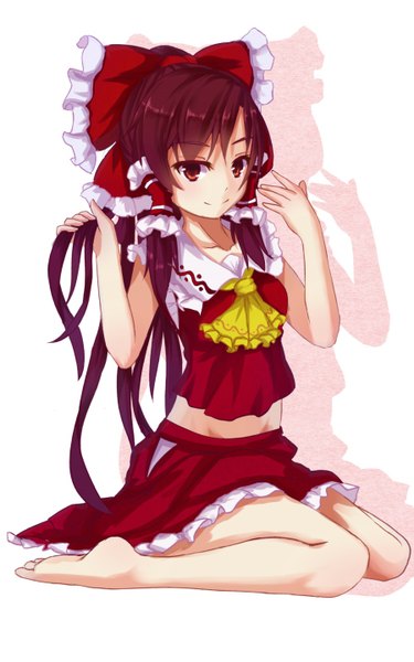 Anime picture 900x1440 with touhou hakurei reimu bakanoe single long hair tall image looking at viewer fringe simple background smile brown hair white background sitting holding full body bent knee (knees) traditional clothes japanese clothes barefoot arms up