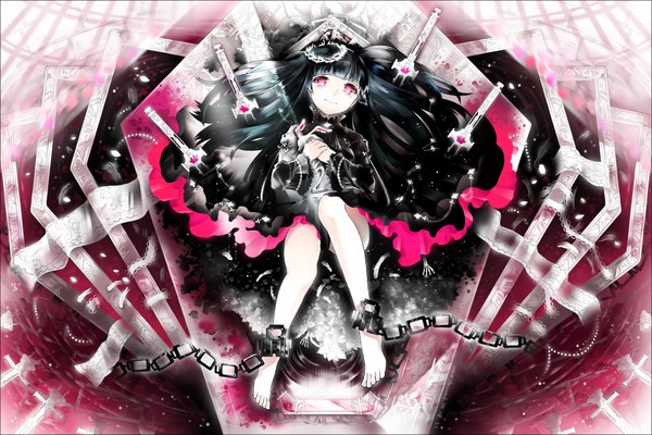 Anime picture 1848x1235 with original jaebau single long hair looking at viewer blush fringe highres black hair smile bent knee (knees) lying pink eyes barefoot from above bare legs hand on chest lolita fashion goth-loli girl